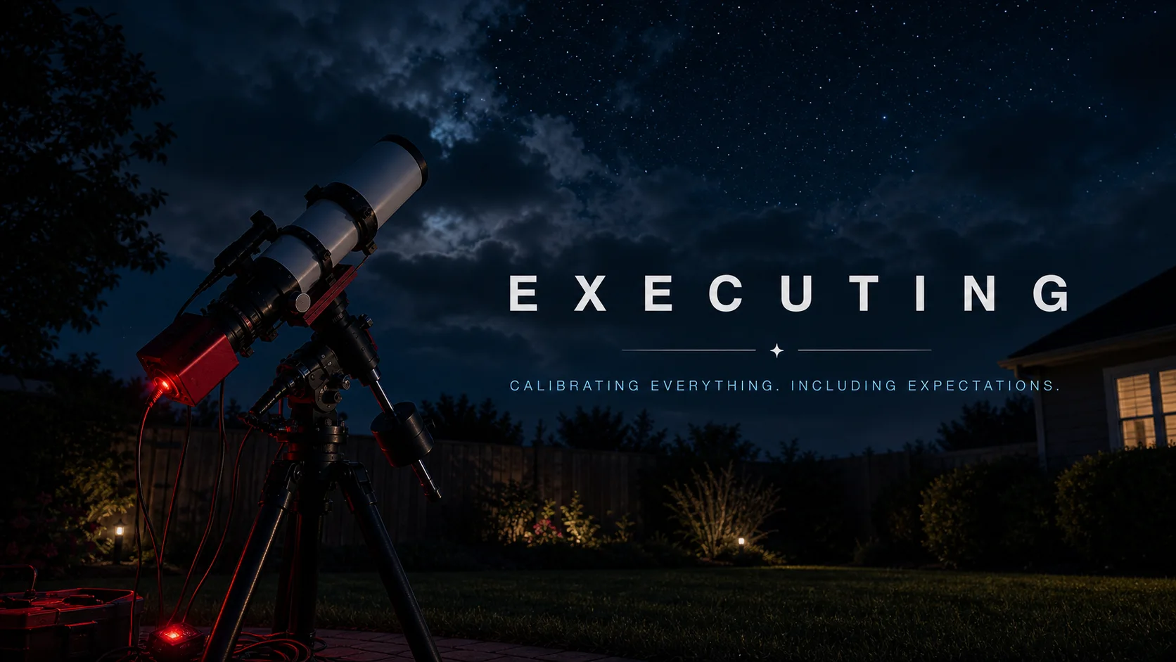 Een astro fotografieopstelling in de achtertuin onder een bewolkte sterrenhemel, met de tekst Executing en Calibrating everything, including expectations.