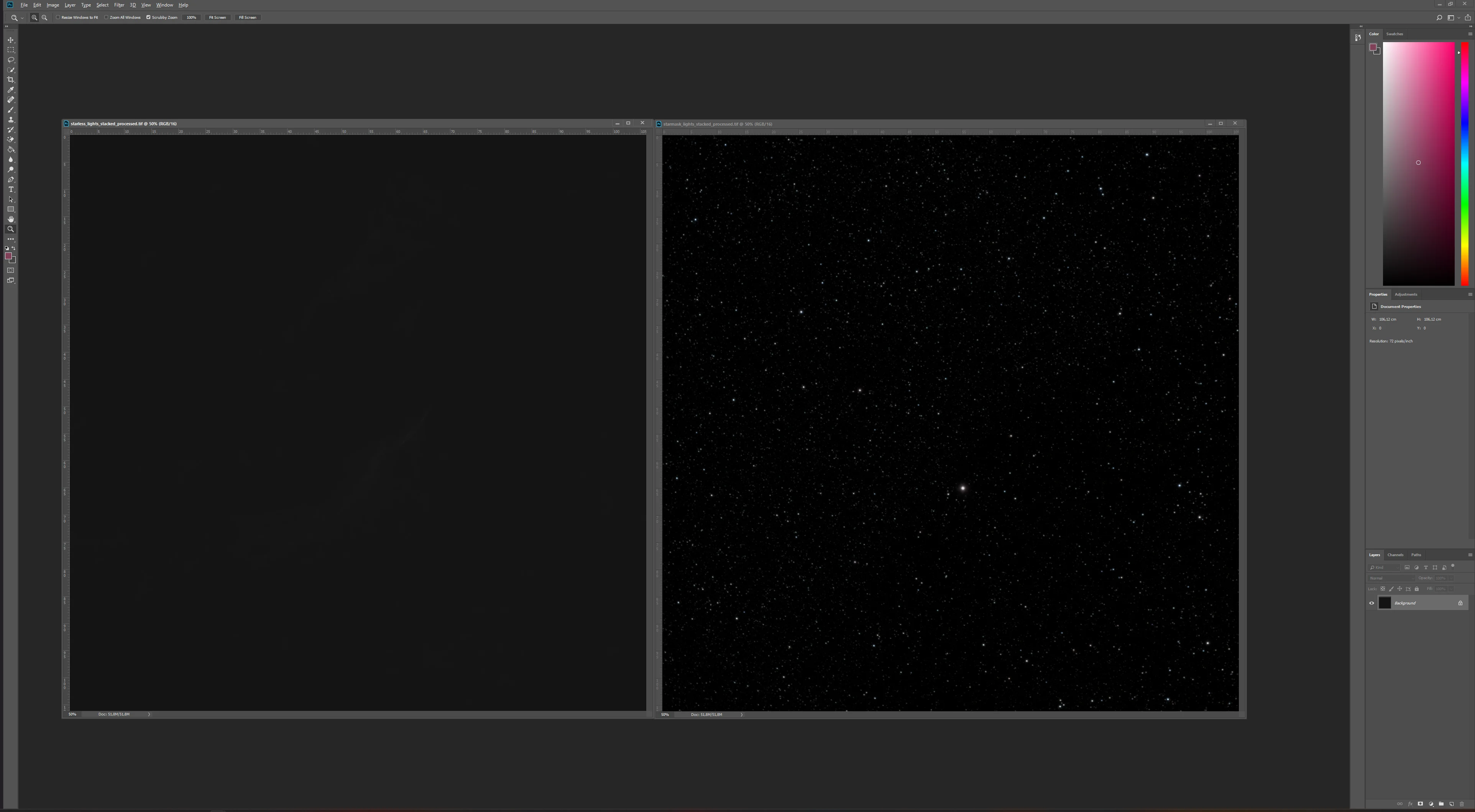 A screenshot showing the starting point in photoshop with a starless image and the star mask.