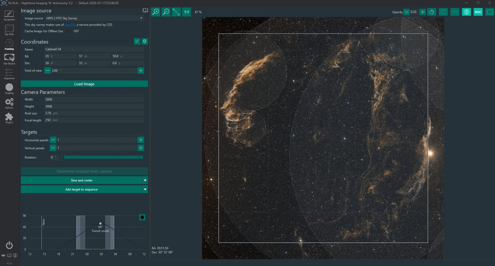 Een visuele weergave van het te fotograferen object in N.I.N.A.