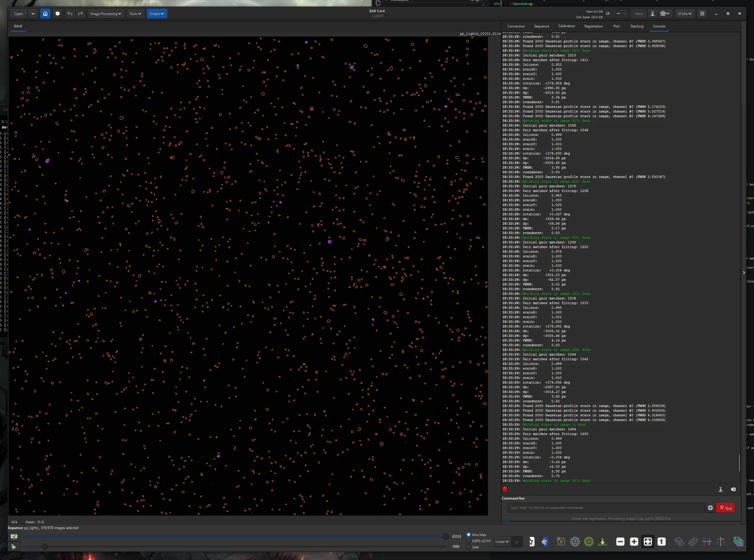 A picture in Siril that shows lots and lots of orange circles that represents stars.