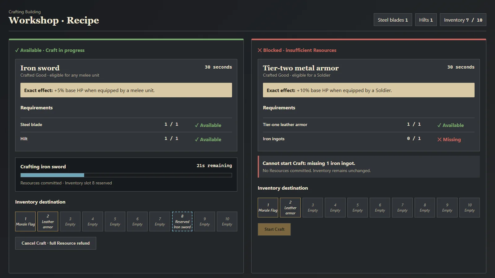 Concept design for the crafting recipe interface