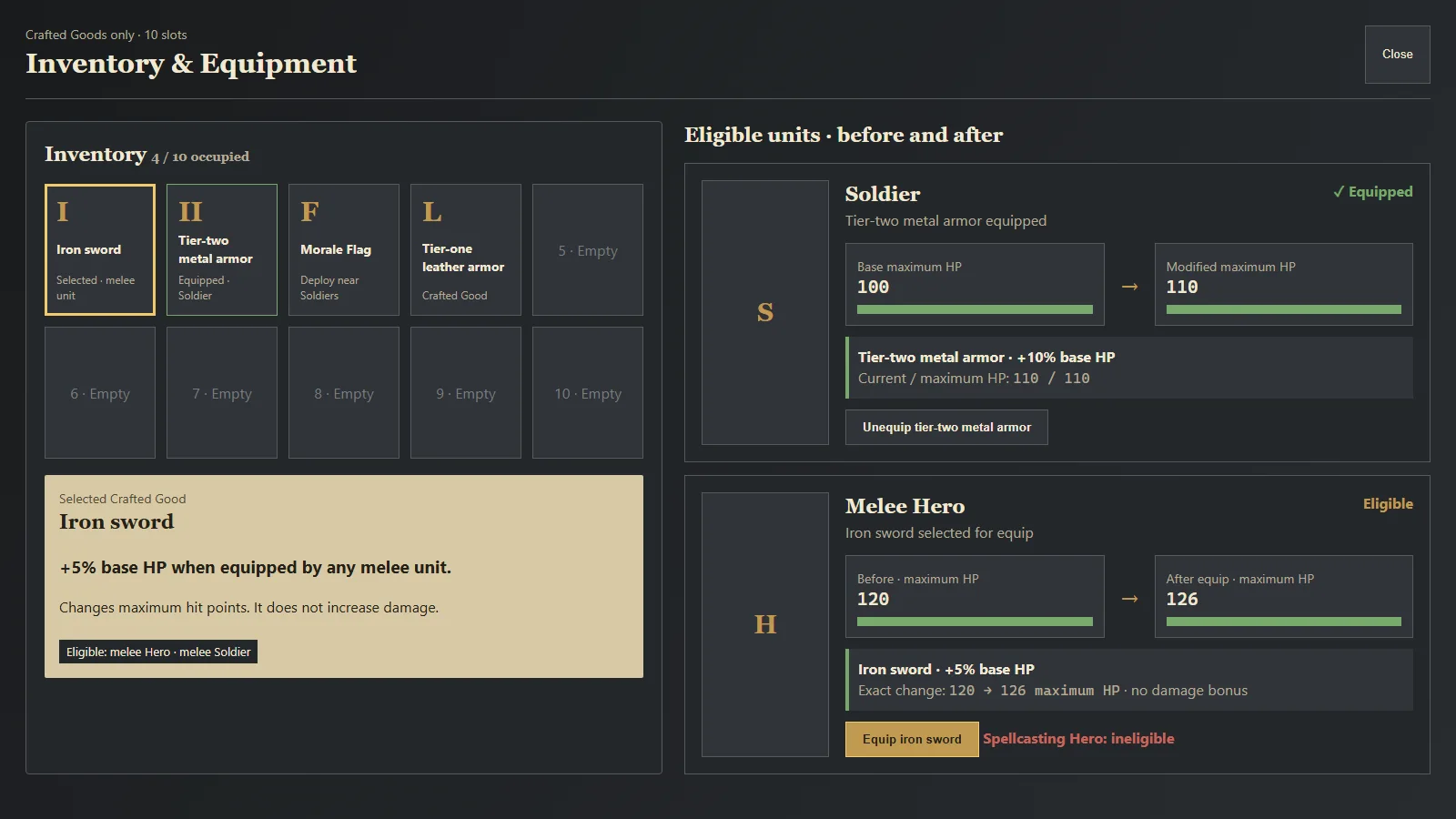Concept design for the inventory and equipment interface